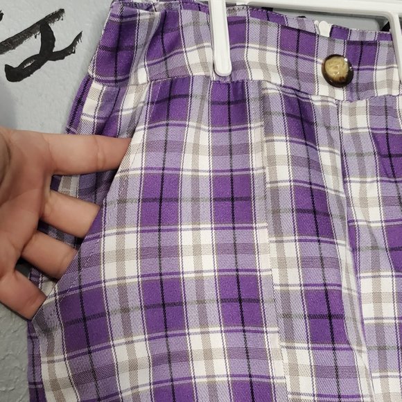 Purple Tartan Cropped High Waist Wide Leg Pants Trousers, 2 - Picture 4 of 8